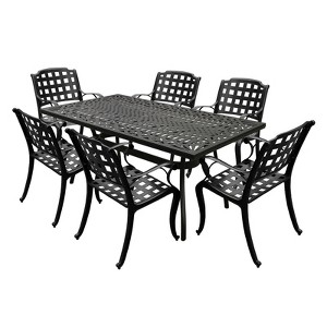 7pc Patio Dining Set with 68" Modern Ornate Outdoor Mesh Aluminum Rectangular Table & Checker Chairs - Black - Oakland Living - 1 of 4