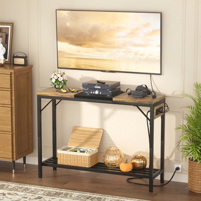 Aheaplus Console Table with Charge Station, Sofa Side Table with Storage Shelves for Living Room