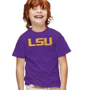 Louisiana State University Official Distressed Primary Logo Youth T Shirt, Purple - 1 of 4