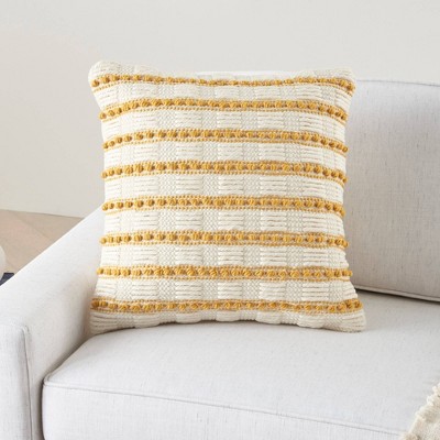 18" Yellow and Ivory Woven Cotton Square Throw Pillow