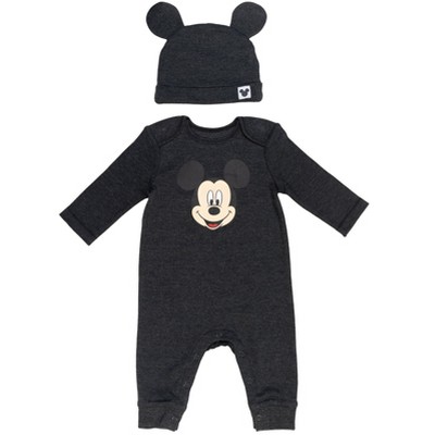 Image of Disney Mickey Mouse Newborn Baby Boys Snap Cosplay Coverall and Hat Gray 6-9 Months