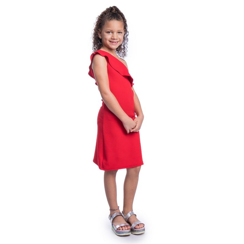 24seven Comfort Apparel Girls Solid Color One Shoulder Ruffle Knee Length Dress, 2 of 5