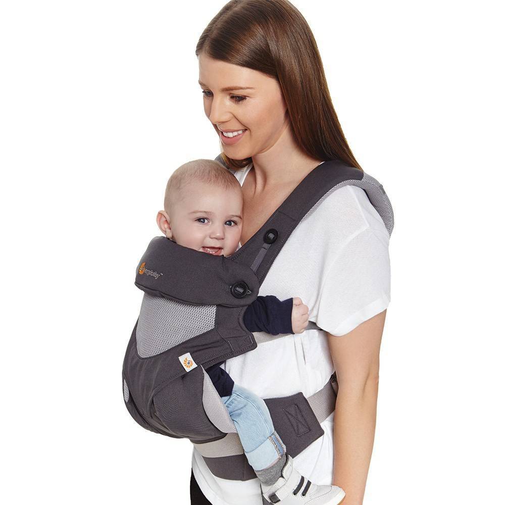 Ergobaby 360 Cool Air Breathable Mesh All Position Baby Carrier with Lumbar Support -  12-45lb Explore with curious, developing older babies in the Ergobaby's 360 baby carrier. It is a natural next step after your little one outgrows the stage of being carried in a baby wrap or newborn carrier. Ergobaby’s award-winning 360 baby carrier ergonomically supports baby in all carry positions (inward, forward, hip and back) from baby to toddler (4-48 months; 12-45lbs) in a cool and breathable fabric. The carrier easily adjusts to fit petite to larger body types, and the lumbar support waistbelt provides the lower back support you need. Includes UPF baby hood for sun protection, privacy and easy breastfeeding. Ergobaby stands by our products with our ErgoPromise Guarantee. If you find a manufacturing or material defect, Ergobaby will replace your carrier at no charge. Most 360 Carriers are eligible for the Everlove by Ergobaby Carrier Buyback program. Color: Carbon Gray.