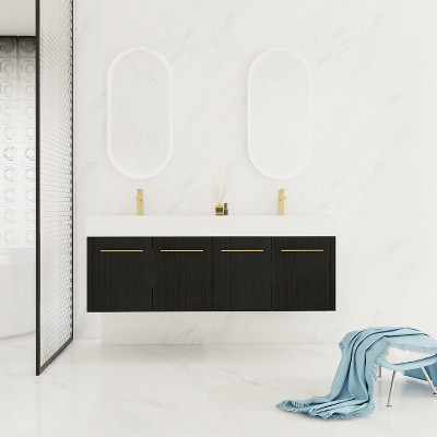 Vynxaria 60-Inch Wall-Mounted Bathroom Vanity with Thick Edged Double Resin Sink in KD-Package for Spacious Bathrooms