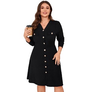 Clearlove Womens Plus Size Sweater Dress V Neck Collared Long Sleeve Slim Fit Ribbed Knit Mini Dresses - 1 of 4