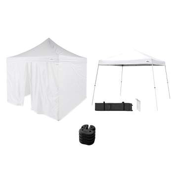 Caravan Canopy V-Series 12 x 12' Tent Sidewalls with V-Series 2 12 x 12' Pop-Up Tent Slanted Leg Instant Canopy & 4 6-Pound Cement Weight Plates
