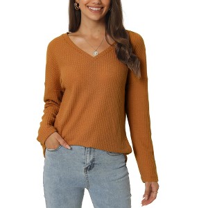Seta T Women's V Neck Waffle Knit Long Sleeve Casual Tunic Blouses - 1 of 4