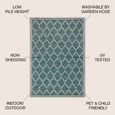 Teal and Gray Round Moroccan Trellis Indoor/Outdoor Rug