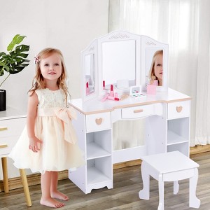 Kids Vanity Table & Stool Set with Tri-Fold Mirror, White Girls Makeup Vanity for Ages 3-9, Featuring Drawers and Open Shelves for Easy Storage - 1 of 4