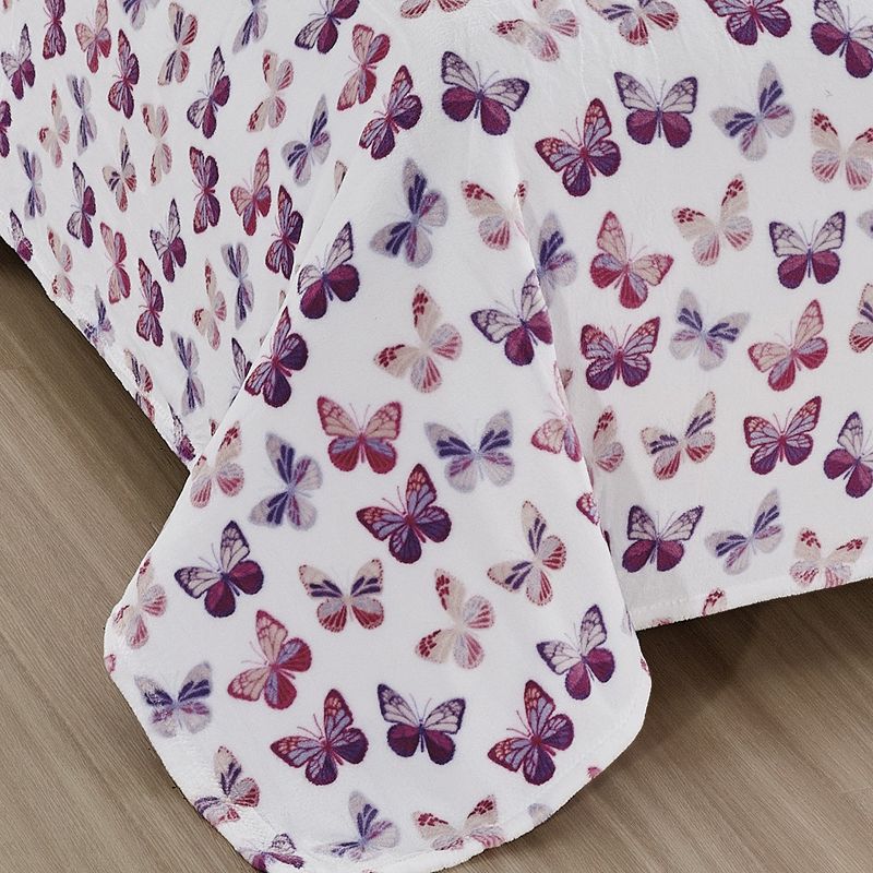 Plazatex Luxurious Ultra Soft Lightweight Rose Butterfly Printed Bed Blanket White/Purple, 3 of 5