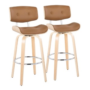 30" Mid-Century Modern Fixed-Height Swivel Barstool with Light Faux Leather and Natural Wood, Set of 2 - 1 of 4