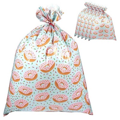 Pack of 6 Jumbo Gift Bags - Giant Plastic Gift Sacks in Donuts Design - Perfect for Large Gifts - Includes Red Strings for Tying, 36 x 48 Inches