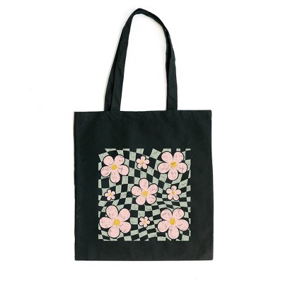 City Creek Prints Wavy Checkered Flowers Canvas Tote Bag - 15x16 - Black