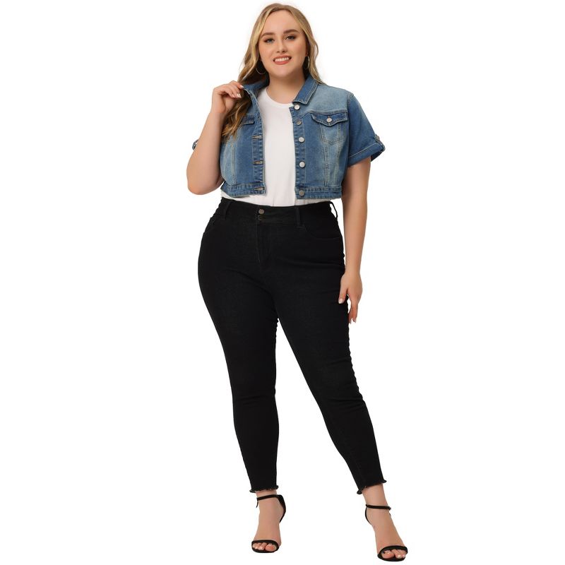 Agnes Orinda Women's Plus Size Button Front Trendy Washed Rolled Sleeves Cropped Jean Jackets, 3 of 7