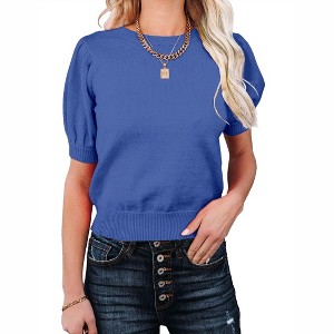 Women's Short Sleeve Sweater Tops 2025 Spring Summer Trendy Crew Neck Casual T Shirts Blouses,Blue - 2XL - 1 of 4