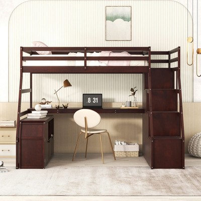NicBex Twin Size Bunk Bed with Desk Loft Bed Bed Frame with 2 Shelves, 7 Drawers, Stair and Full Length Guardrails, No Box Spring Required