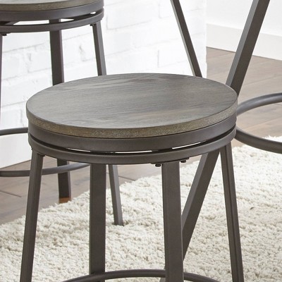 Gray Metal and Wood Swivel Backless Counter Stool, Set of 2