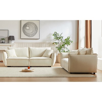 3+3 Seater Linen Combo Sofa with 4 Pillows & Durable Wooden Frame (Neutral Aesthetic)