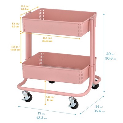 ECR4Kids Pink 2-Tier Metal Rolling Utility Cart