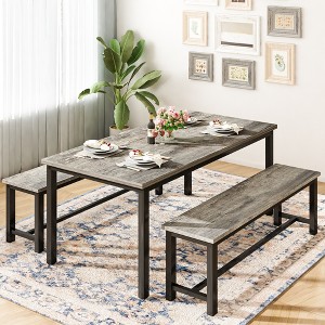 Hooseng 3-Piece Dining Table Set wtih 2 Benches, Farmhouse Style Dining Room Set for 4, Particle Board Table Top and Robust Metal Frame Dinette Set - 1 of 4