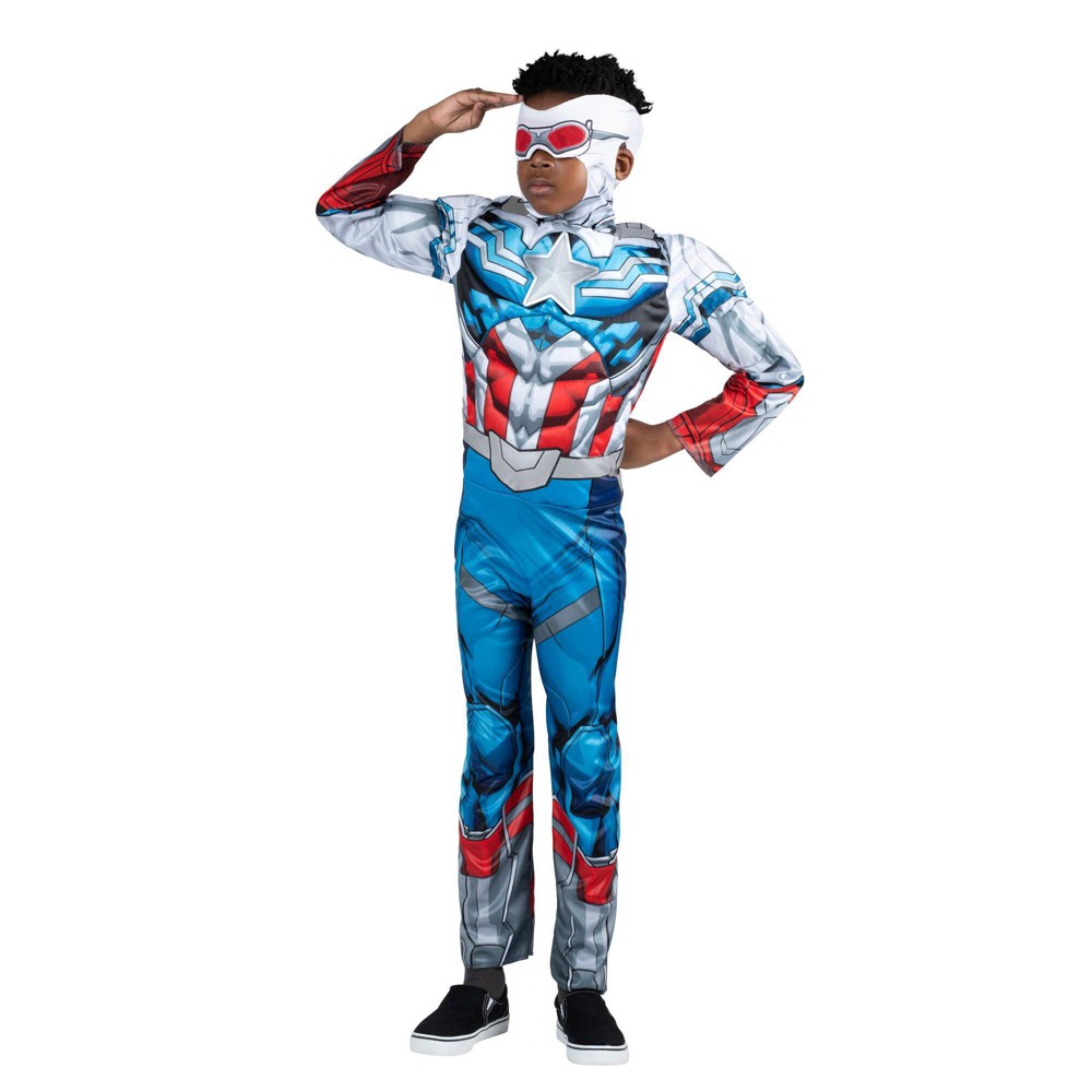 Halloween Kids' Marvel Captain America Falcon Muscle Chest Halloween Costume Jumpsuit with Headpiece Medium 