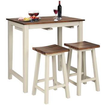 Costway 3-Piece Bar Table Set Counter Pub Table& 2 Saddle Bar Stools w/ Hanging Design