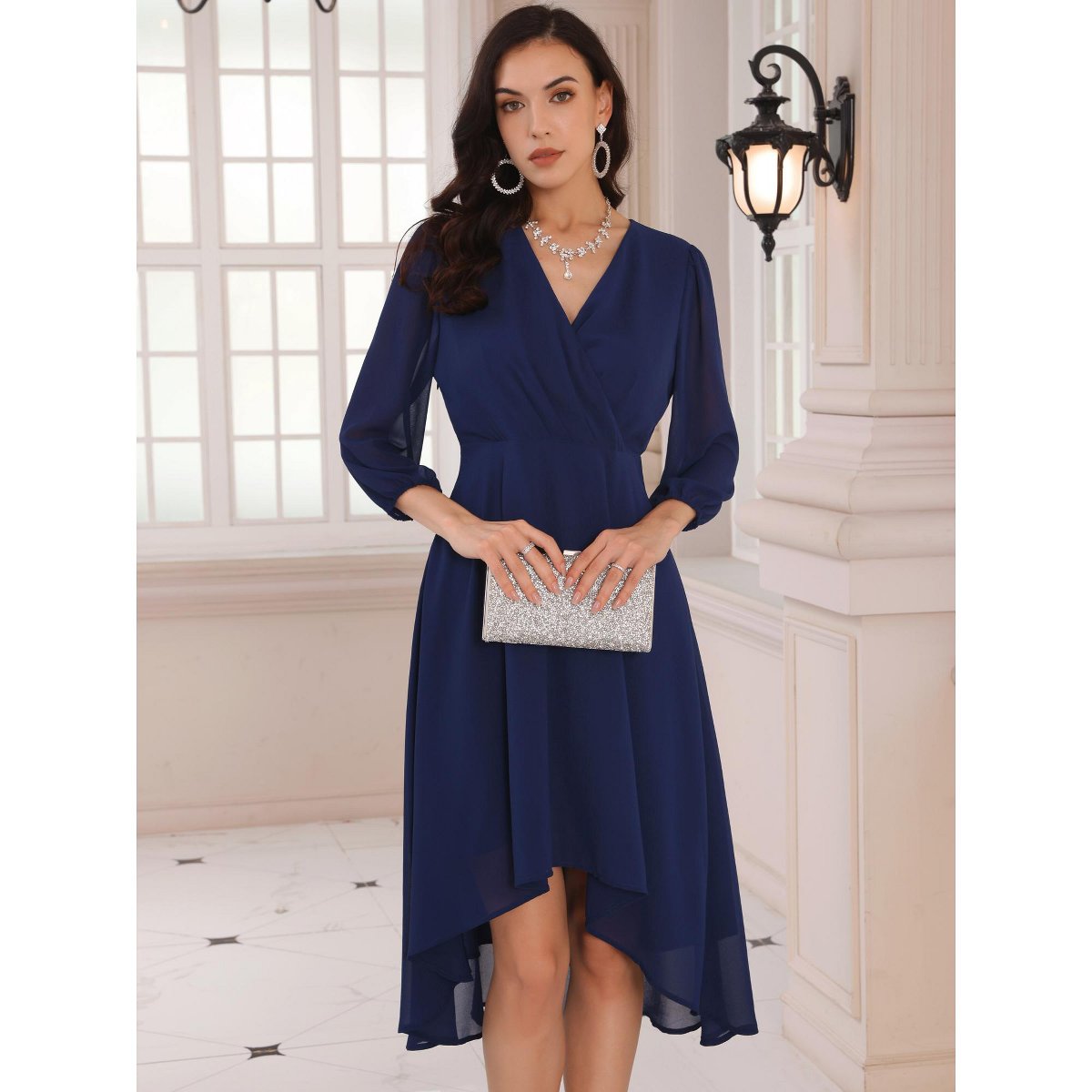 Женские платья INSPIRE CHIC Women's V Neck Sheer 3/4 Sleeve Wrap Cocktail Midi Dresses X-Large Navy Blue — фото 3