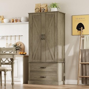Kitchen Pantry Cabinet, Drawers and Adjustable Shelves, Farmhouse Versatile Storage Cabinet with Barn Doors, for Kitchen, Dining Room - 1 of 4