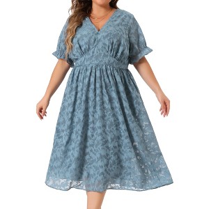 Agnes Orinda Women's Plus Size Elegant Lace Floral Ruffle Short Sleeve V Neck Trendy Tunic Dresses - 1 of 4