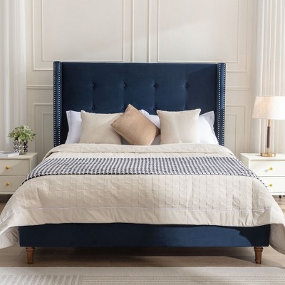 LOVMOR Upholstered Queen Bed  54" High Headboard Blue Velvet