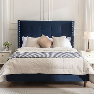 LOVMOR Upholstered Queen Bed  54" High Headboard Blue Velvet - 1 of 4