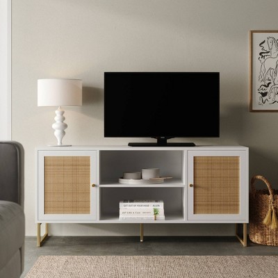 White and Gold Rattan Door TV Stand for 55" TVs