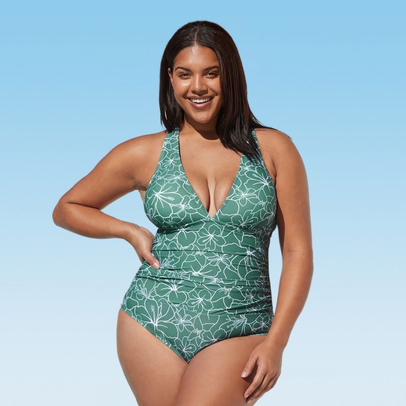 Women's Floral V-neck Shirred Tie Back Plus Size One Piece Swimsuit - Cupshe, 1 of 4