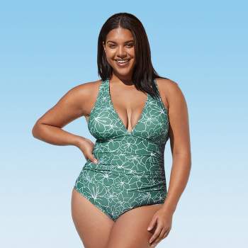 Women's Floral V-neck Shirred Tie Back Plus Size One Piece Swimsuit - Cupshe