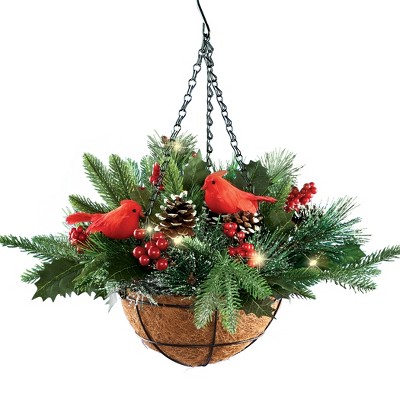 Collections Etc LED Frosted Hanging Artificial Winter Pine and Holly Basket 13 X 13 X 18