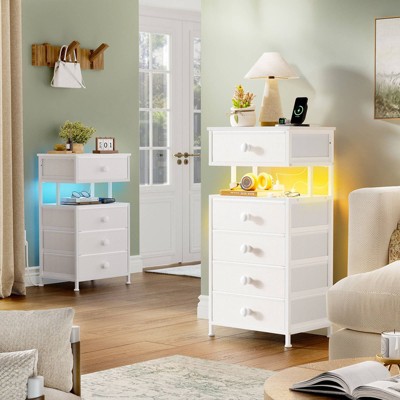WOWLIVE Night Stand with Charging Station and LED Light, 5 Fabric Drawers White Bedside Table, End Table for Bedroom