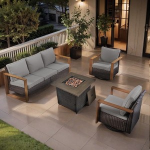 Buenhomino 4 Piece Outdoor Patio Furniture Set with Propane Fire Pit Table, Wicker Patio Conversation Set with 2 Swivel Rocker Chairs - 1 of 4