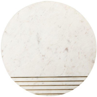 Transitional Round Wood & Stone Accent Table with Brass Inlay