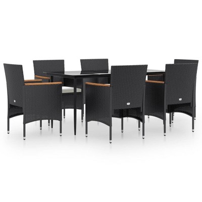 vidaXL 9 Piece Patio Dining Set with Cushions Black - 63" Table Length Black 6 Chairs