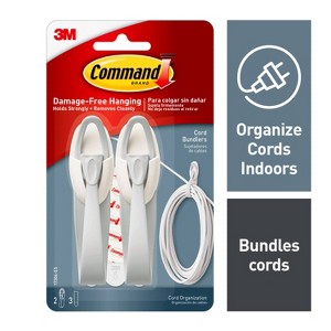 Command Cord Bundlers: Adhesive Hooks for Cable Management, Plastic, White, 2-Pack - 1 of 4