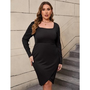 YesFashion Women's Plus Size Cocktail Dress Comfortable Long Sleeve Wedding Guest Square Neck Semi Formal Dress - 1 of 4