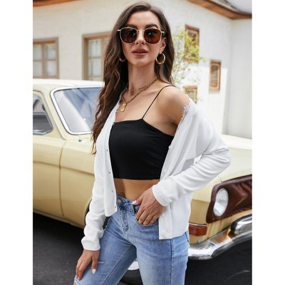Womens Cardigan Lace Trim V Neck Long Sleeve Knit Cardigan Sweater Tops