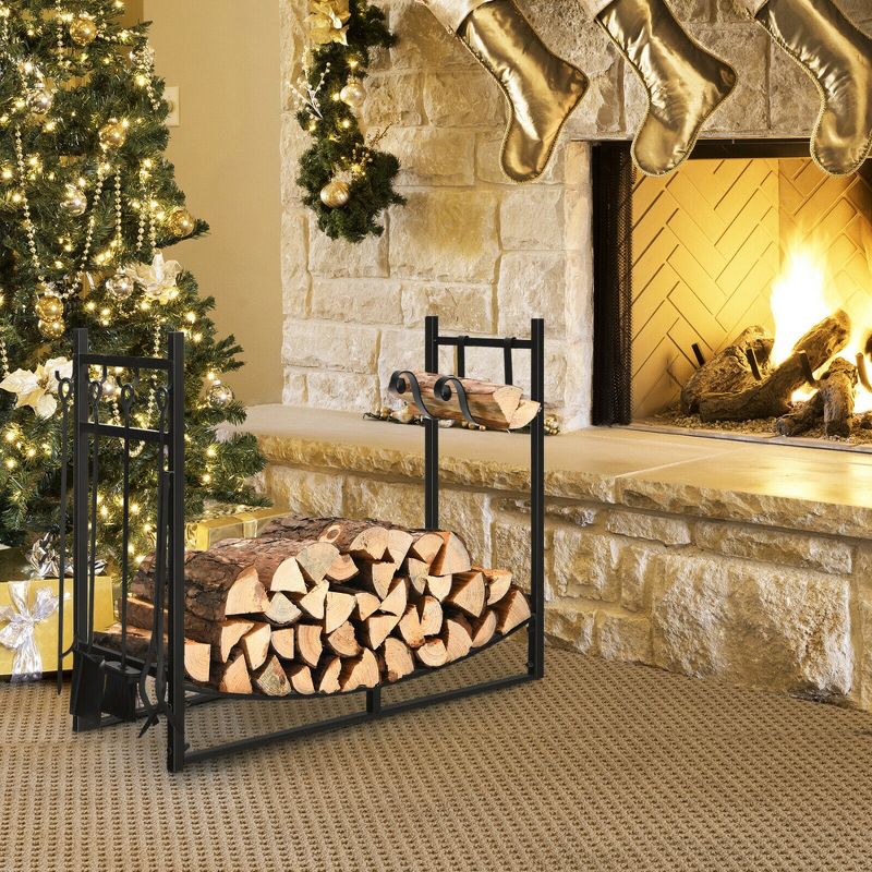 Costway 36'' Fireplace Log Rack W/ 4 Tool Set Kindling Holders for Indoor Outdoor, 2 of 11