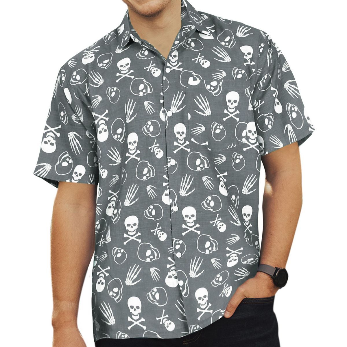 HAPPY BAY Mens Hawaiian Short Sleeve Button Down Shirt Halloween Costumes Shirt Linen Effect Holiday Shirts for Men XXL Gray, Skull - thumbnail 2
