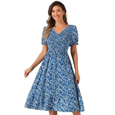 INSPIRE CHIC Women's Floral Smocked Puff Short Sleeves V Neck Ruffled Hem Midi Dress