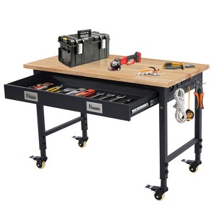 Garage Workbench with Drawer, Heavy Duty Work Table with Power Outlet & Wheels, Adjustable Height 2000LBS Capacity Workbench - 1 of 4