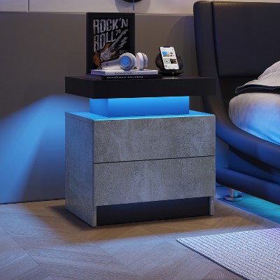 Modern LED Nightstand, Accent Bedside End Table with Lights and 2 Storage Drawers, Bed Side Table for Bedroom, Gray