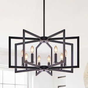 27" Modern Black Geometric 8-Light Chandelier ¨C Industrial Metal Pendant Light Fixture for Living Room, Dining Room, or Kitchen (Bulb Not Included) - 1 of 4