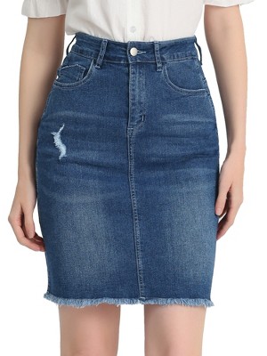 INSPIRE CHIC Women's Basic Distressed High Waist Ripped Hem Washed Jeans Skirt