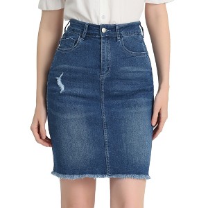 INSPIRE CHIC Women's Basic Distressed High Waist Ripped Hem Washed Jeans Skirt - 1 of 4